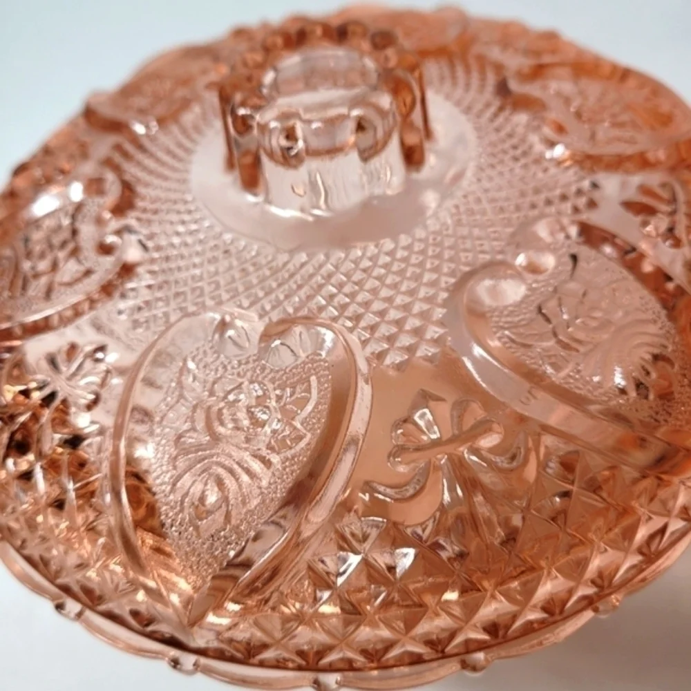 Vintage Glass KIG Indonesian Glass Candy Dish Pink Hearts Pattern - Picture 3 of 12